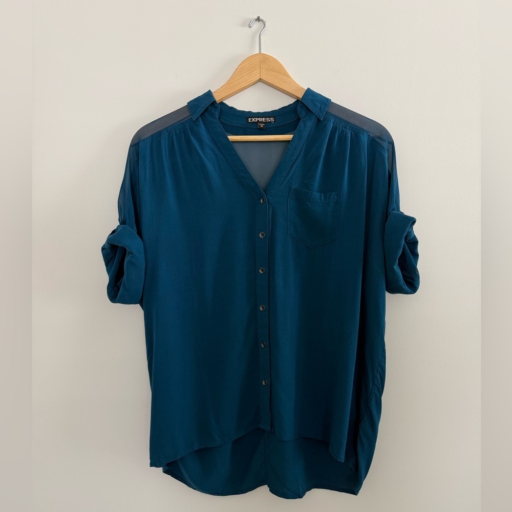 Express Women's Teal Oversized Button-Down Shirt w/ Sheer Shoulder Panel Size XS